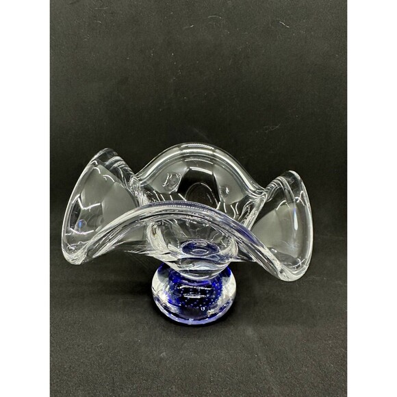 Hand Blown Art Glass Bowl Controlled Bubbles Wavy Pedestal Polished *flaw* - Picture 3 of 12